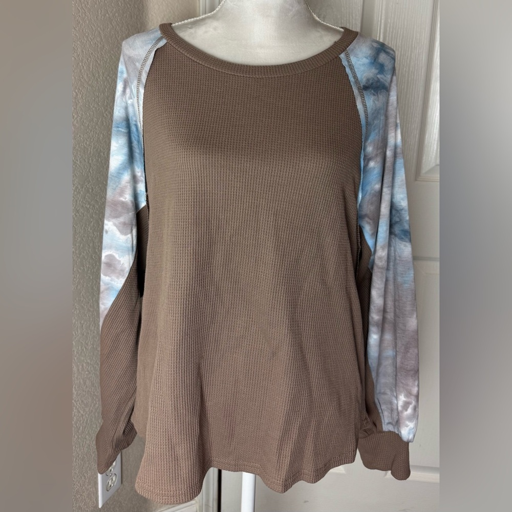Umgee Brown Waffle Knit Top with Blue Tie-Dye Sleeves